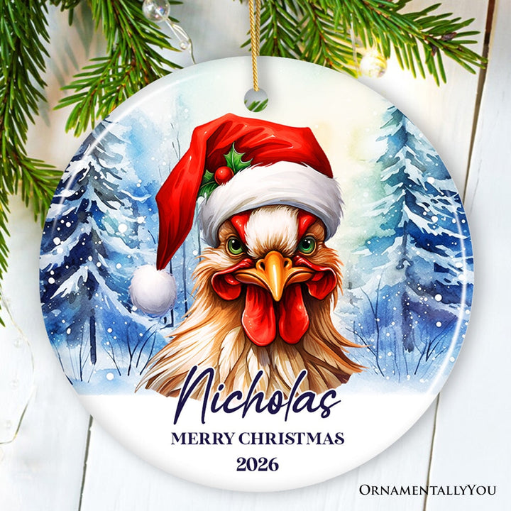 Rooster with Santa Hat Personalized Ornament Winter Forest Christmas Gift With Custom Name and Date Ceramic Ornament OrnamentallyYou Circle 