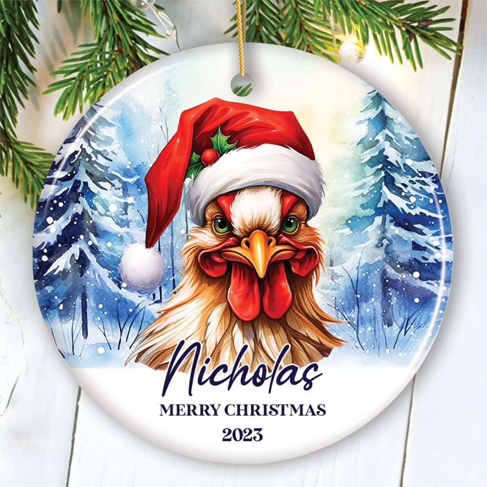 Rooster with Santa Hat Personalized Ornament Winter Forest Christmas Gift With Custom Name and Date Ceramic Ornament OrnamentallyYou Circle 