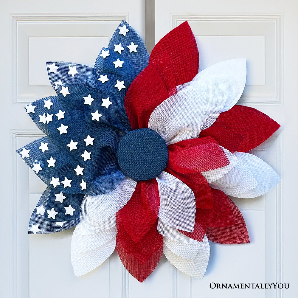 Rustic Burlap Patriotic 22" Wreath, American Flag Style 4th of July Front Door Home Decor Wreath OrnamentallyYou 