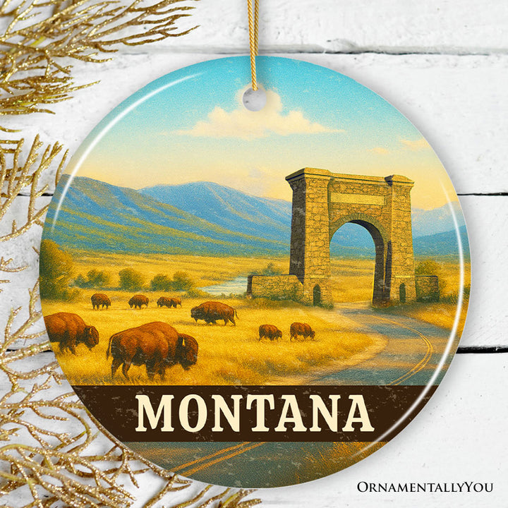 Rustic Montana Wildlife and Landmark Ornament, Yellowstone Entrance Christmas Gift and Western Prairie Souvenir