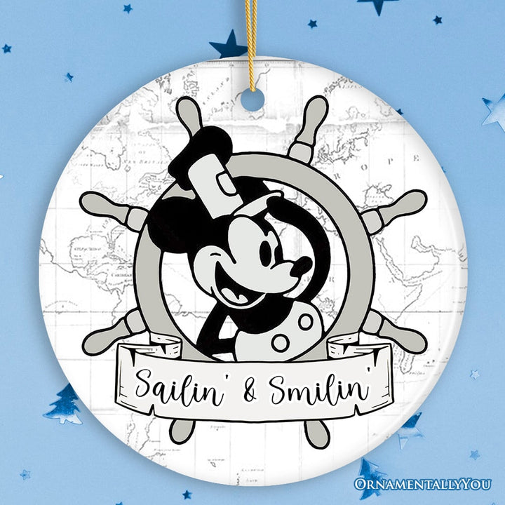 Sailin' and Smilin' Quote Christmas Ornament, Vintage Steamboat Willie Keepsake Ceramic Ornament OrnamentallyYou Circle 