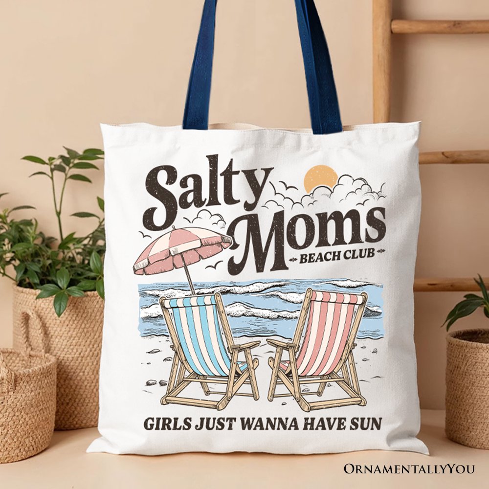 Salty Moms Beach Club Canvas Tote Bag, Retro Summer Gift for Ocean Loving Mothers Tote Bag OrnamentallyYou Navy Handle 