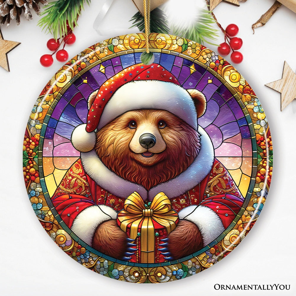 Santa Bear Stained Glass Style Ceramic Ornament, Christmas Gift and Decor Ceramic Ornament OrnamentallyYou Circle 