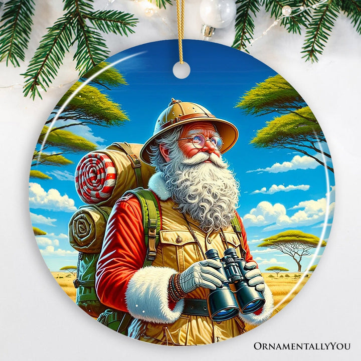 Santa Claus on a Safari Adventure Ornament, Christmas Gift and Decor for Explorers Ceramic Ornament OrnamentallyYou Circle 