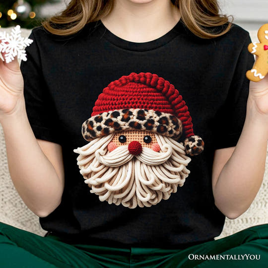 Santa Leopard Hat Christmas T-Shirt, Imitation Latch Hook Yarn Cozy Tee T-Shirts OrnamentallyYou 