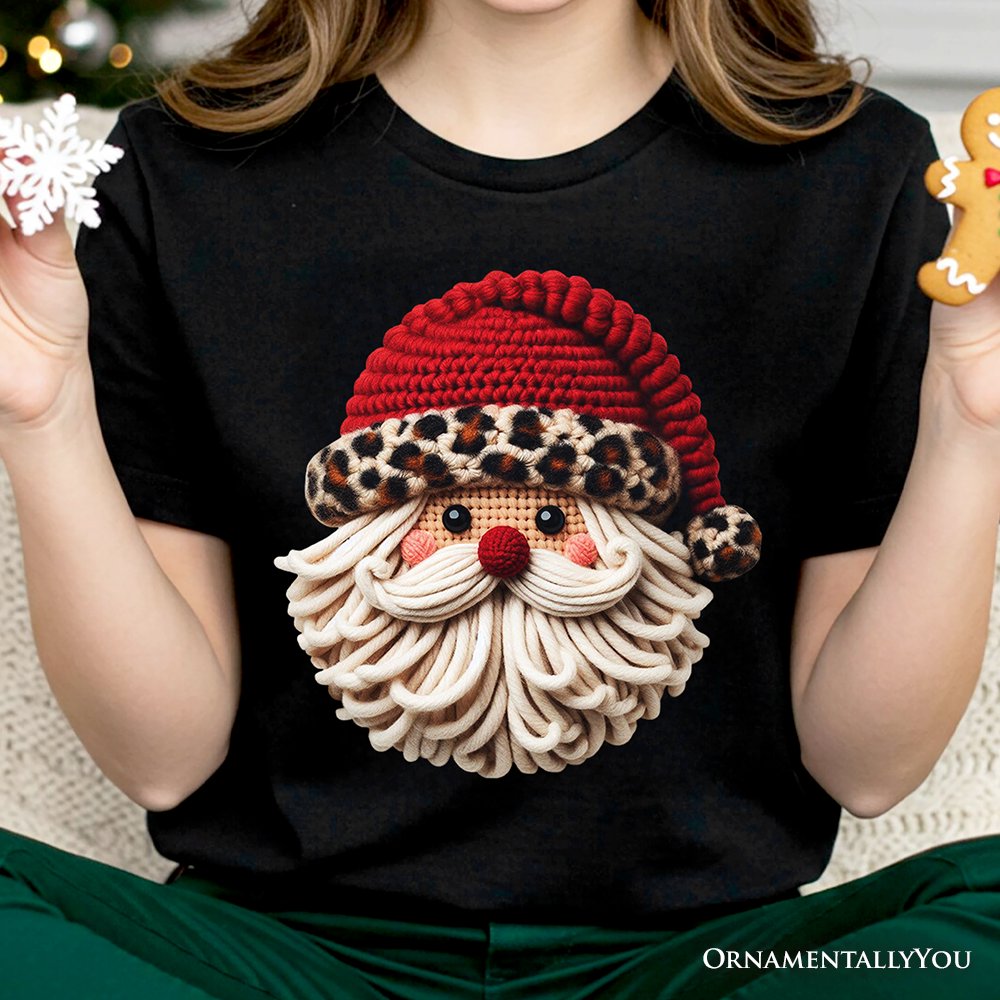 Santa Leopard Hat Christmas T-Shirt, Imitation Latch Hook Yarn Cozy Tee T-Shirts OrnamentallyYou 