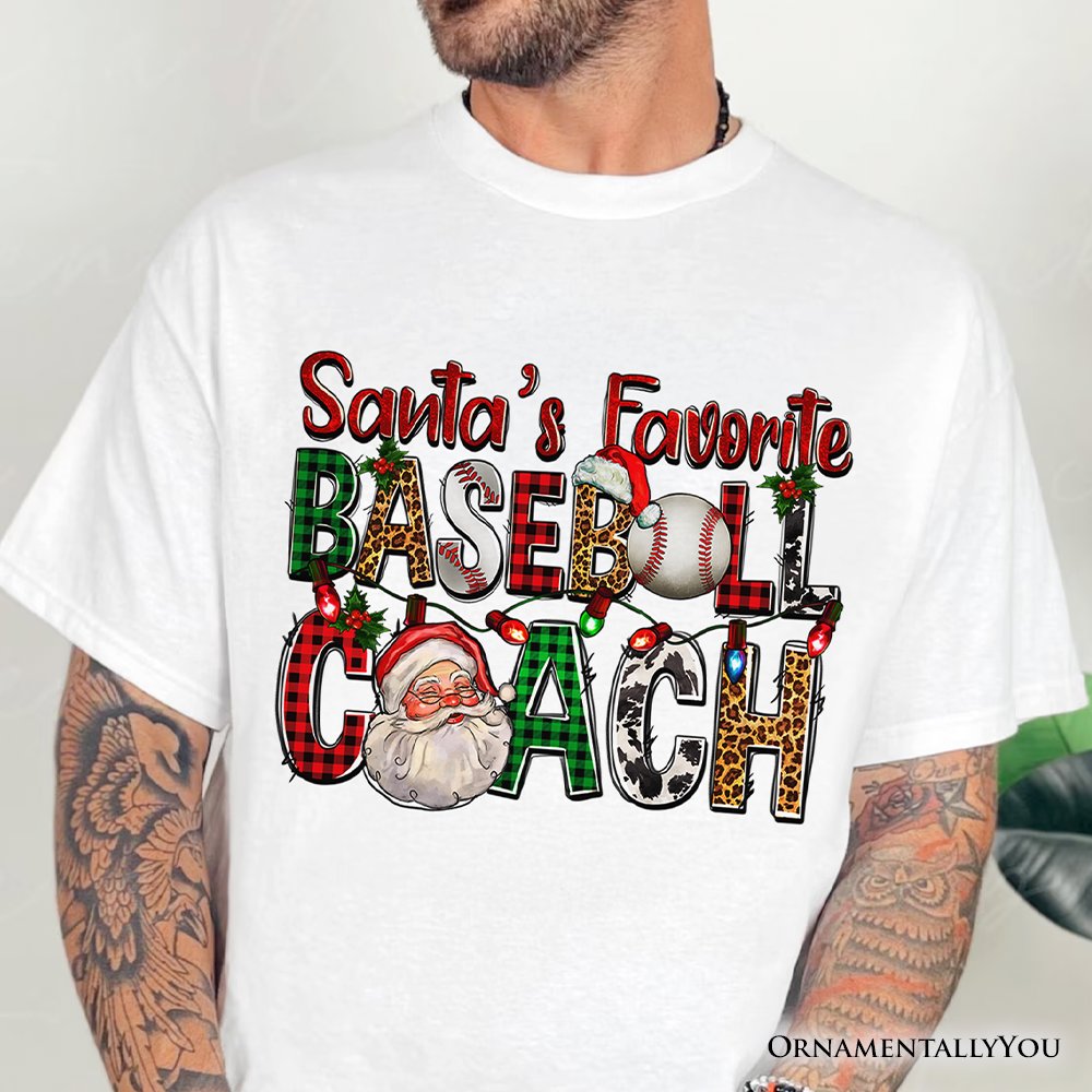 Santa’s Favorite Baseball Coach Plaid Christmas T-Shirt, Sports Team Holiday Tee T-Shirts OrnamentallyYou 