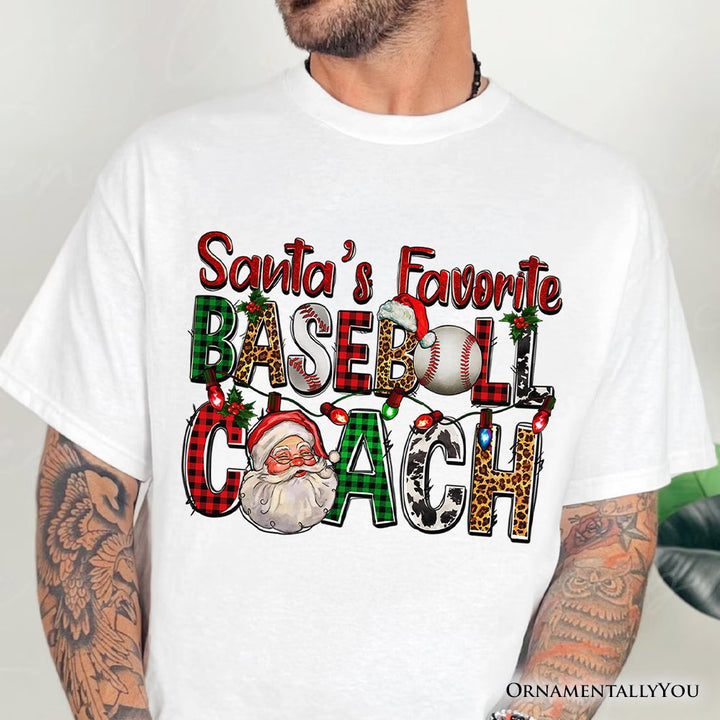 Santa’s Favorite Baseball Coach Plaid Christmas T-Shirt, Sports Team Holiday Tee T-Shirts OrnamentallyYou 