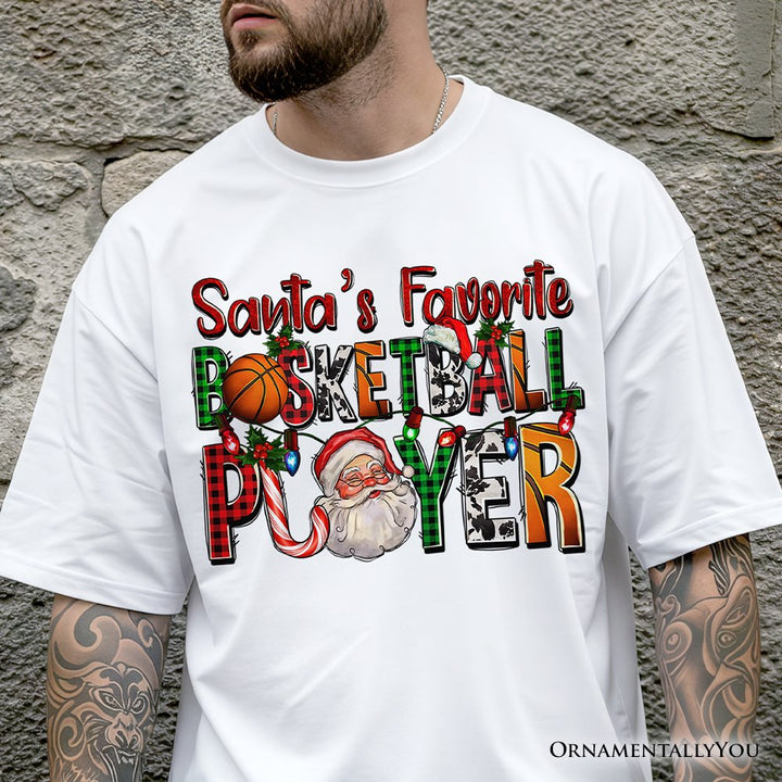 Santa’s Favorite Basketball Player Plaid Christmas T-Shirt, Sports Team Holiday Tee T-Shirts OrnamentallyYou 