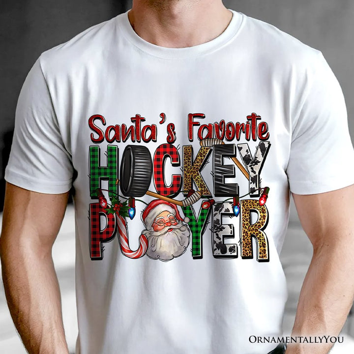 Santa’s Favorite Hockey Player Plaid Christmas T-Shirt, Sports Team Holiday Tee T-Shirts OrnamentallyYou 