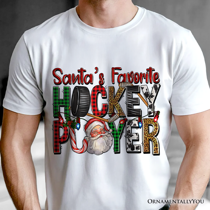 Santa’s Favorite Hockey Player Plaid Christmas T-Shirt, Sports Team Holiday Tee