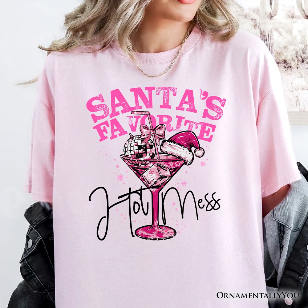 Santa’s Favorite Hot Mess T‑Shirt, Pink Martini Retro Disco Christmas Tee T-Shirts OrnamentallyYou 