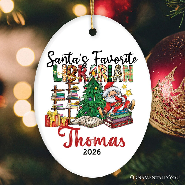 Santa’s Favorite Librarian Custom Christmas Ornament, Personalized Holiday Gift Ceramic Ornament OrnamentallyYou Oval 
