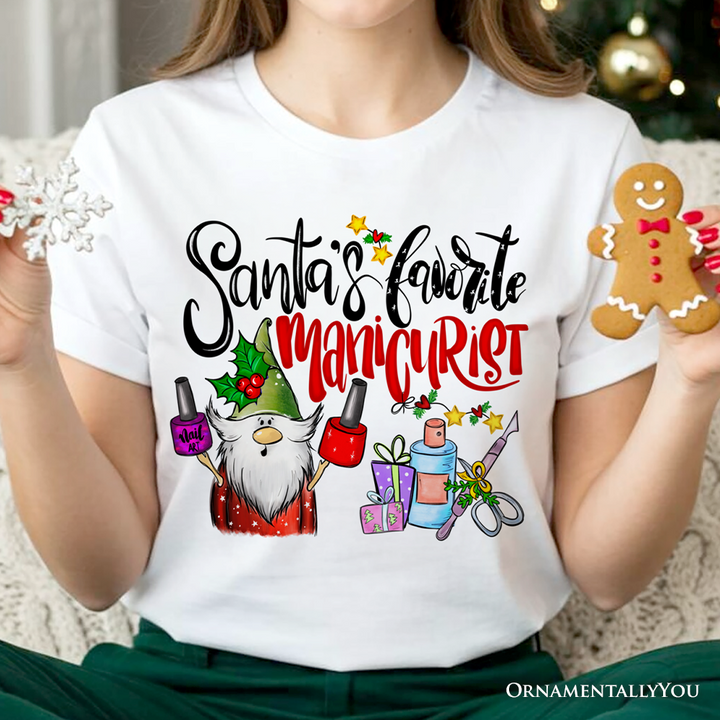 Santa’s Favorite Manicurist Nail Studio T-Shirt, Stylish Holiday Tee for Beauty Technicians