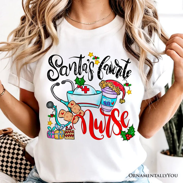 Santa’s Favorite Nurse T-Shirt, Cheerful Christmas Tee T-Shirts OrnamentallyYou 