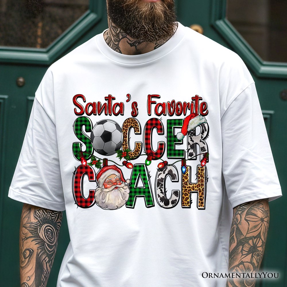 Santa’s Favorite Soccer Coach Plaid Christmas T-Shirt, Sports Team Holiday Tee T-Shirts OrnamentallyYou 