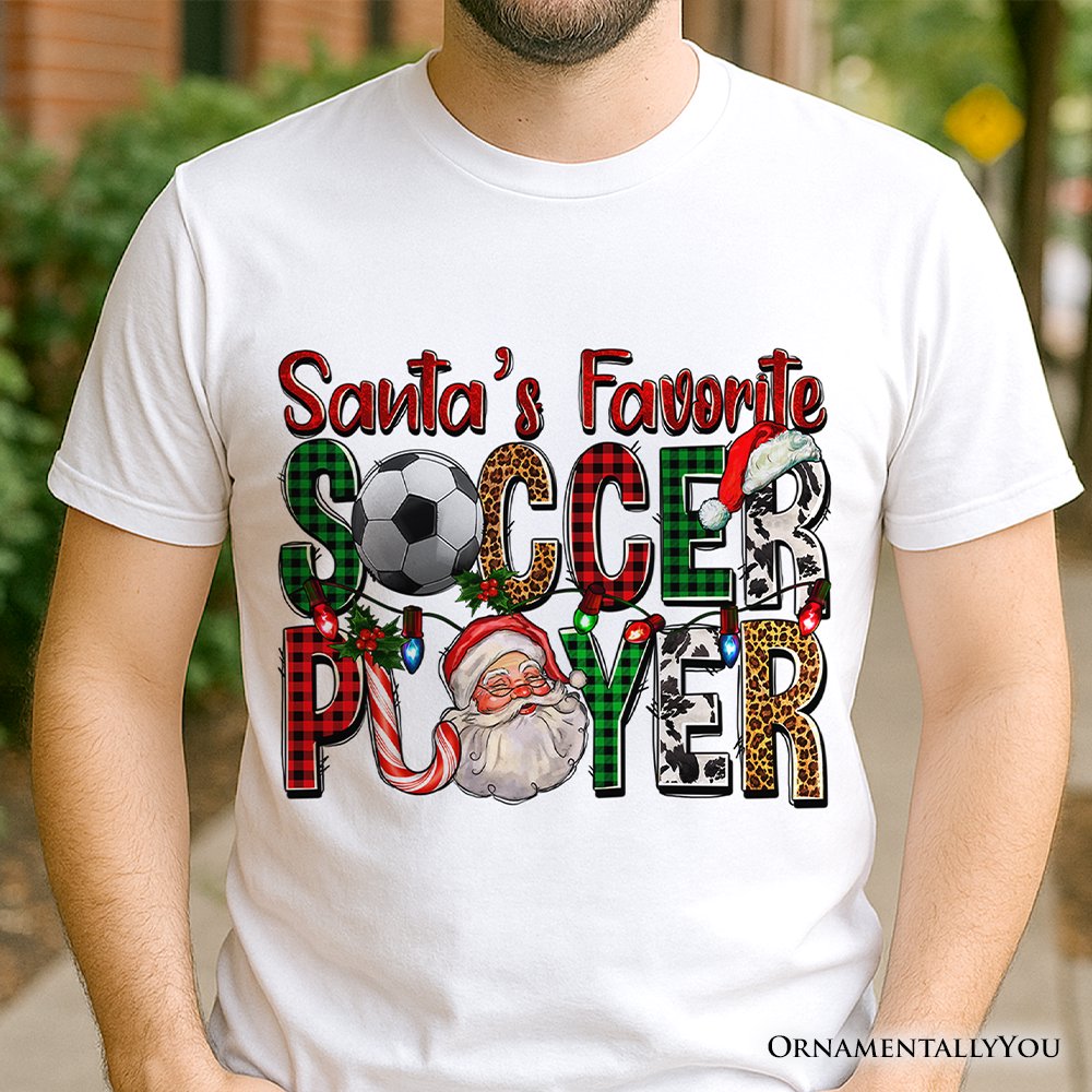 Santa’s Favorite Soccer Player Plaid Christmas T-Shirt, Sports Team Holiday Tee T-Shirts OrnamentallyYou 