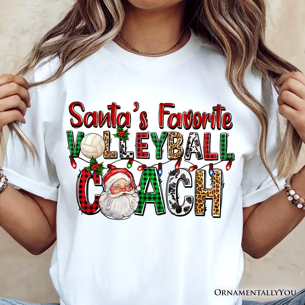 Santa’s Favorite Volleyball Coach Plaid Christmas T-Shirt, Sports Team Holiday Tee T-Shirts OrnamentallyYou 