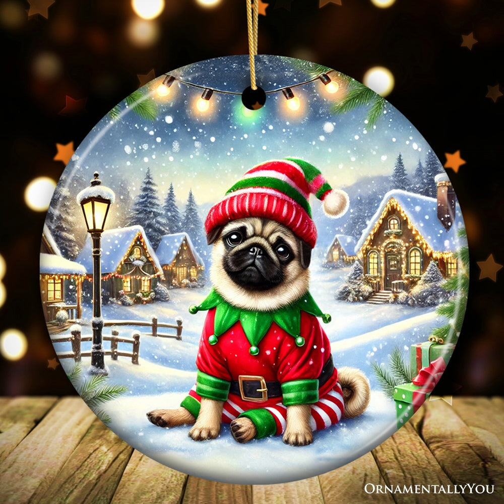 Santa's Little Helper Pug Elf Ornament, Whimsical Canine Christmas Decor Ceramic Ornament OrnamentallyYou 