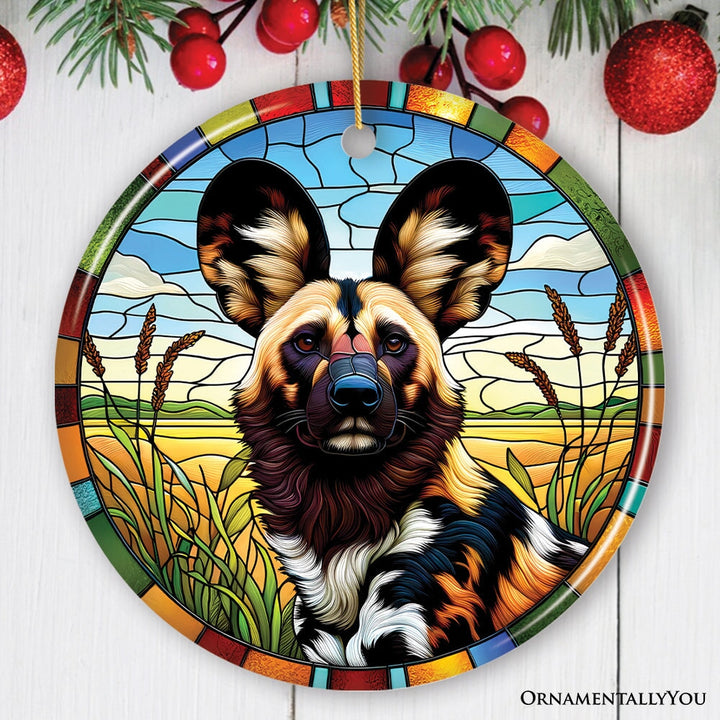 Savannah's Wild Dog Stained Glass Style Ceramic Ornament, Safari Animals Christmas Gift and Decor Ceramic Ornament OrnamentallyYou Circle 