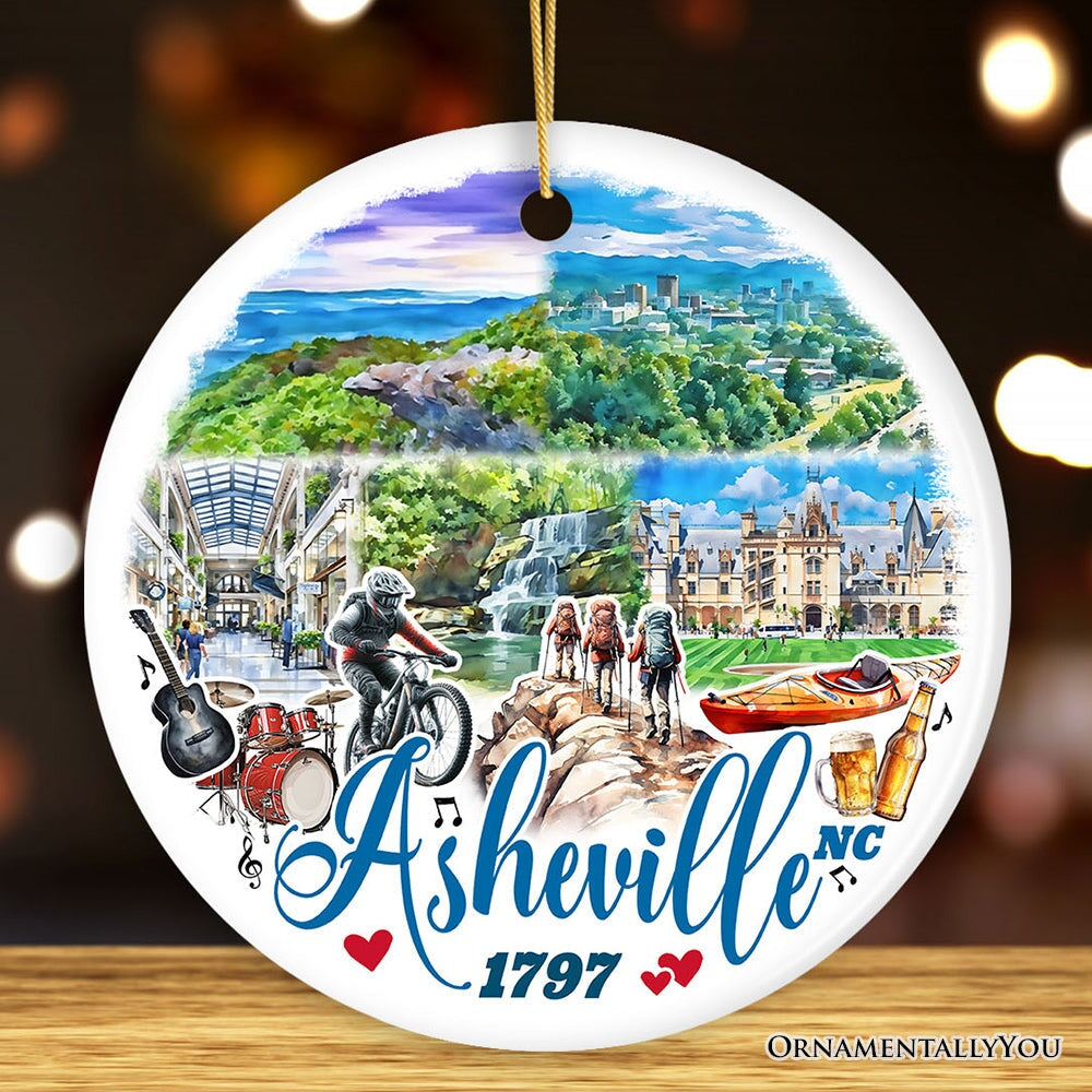 Scenic Asheville Mountain Town Ceramic Ornament, Nature and Historic North Carolina Christmas Gift and Tree Decor Ceramic Ornament OrnamentallyYou Circle 