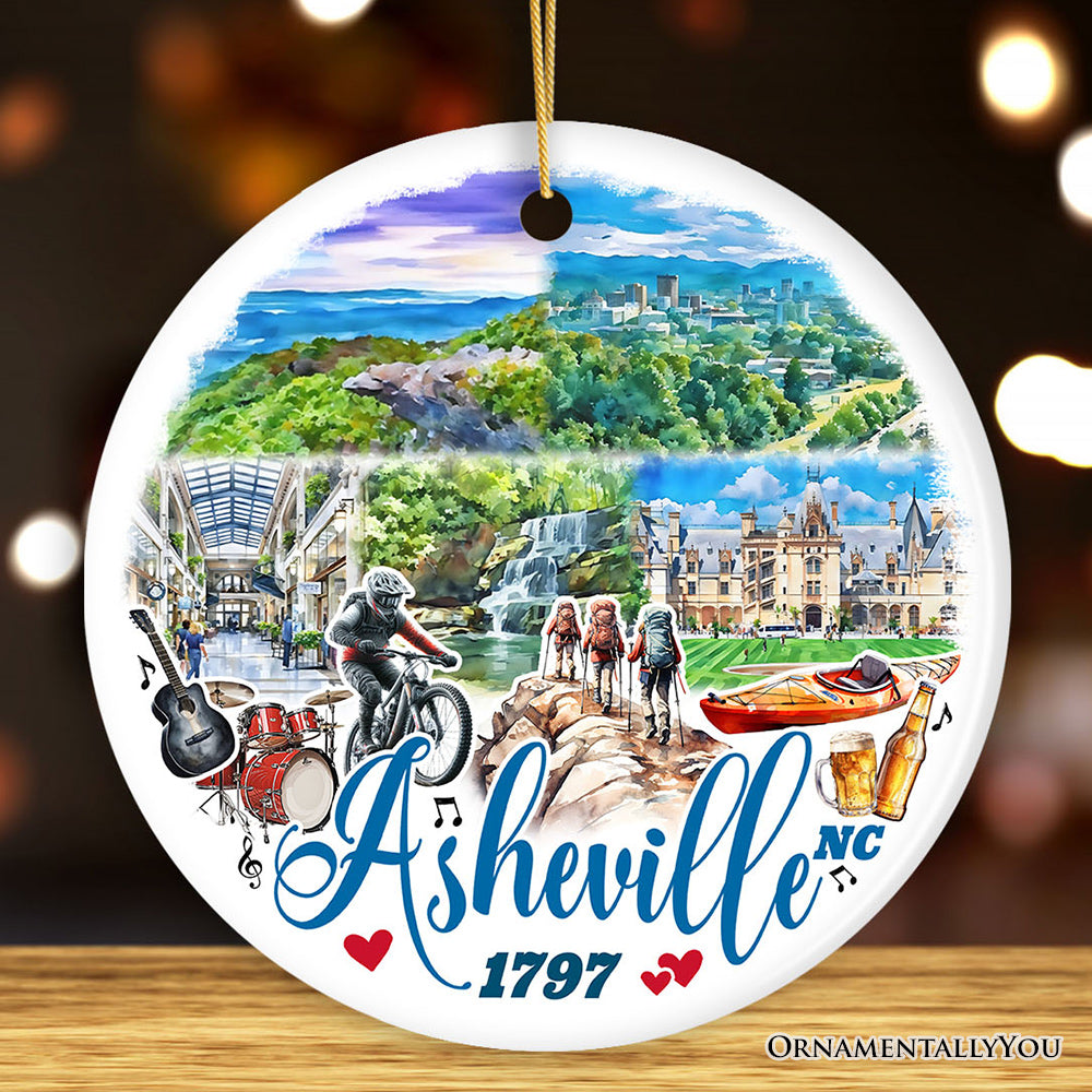 Scenic Asheville Mountain Town Ceramic Ornament, Nature and Historic North Carolina Christmas Gift and Tree Decor