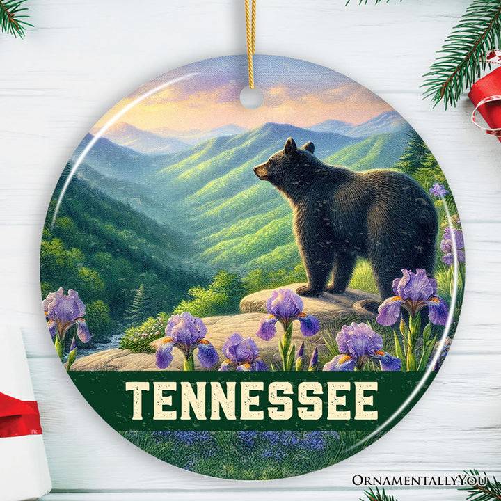 Scenic Tennessee Great Smoky Mountains Christmas Ornament, Black Bear and Wildflower Nature Gift and Tree Decor