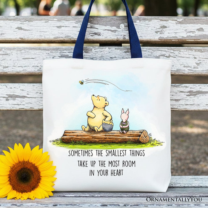 Sentimental Heartwarming Winnie-the-Pooh Quote Tote Bag, 1926 A.A. Milne Small Things Friendly Gift Tote Bag OrnamentallyYou Navy Handle 