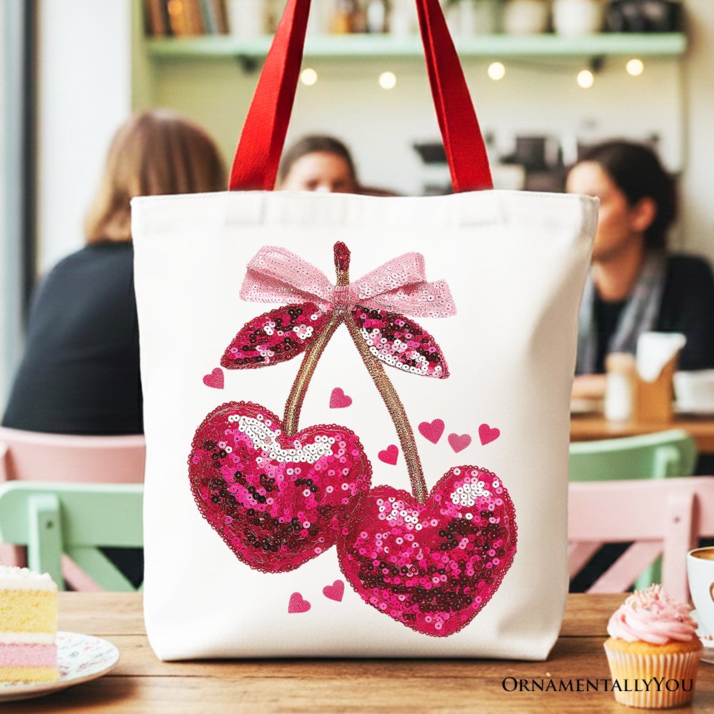 Sequin Pink Cherry Heart Canvas Tote Bag, Valentine Coquette Trendy Women Gift Tote Bag OrnamentallyYou Red Handle 