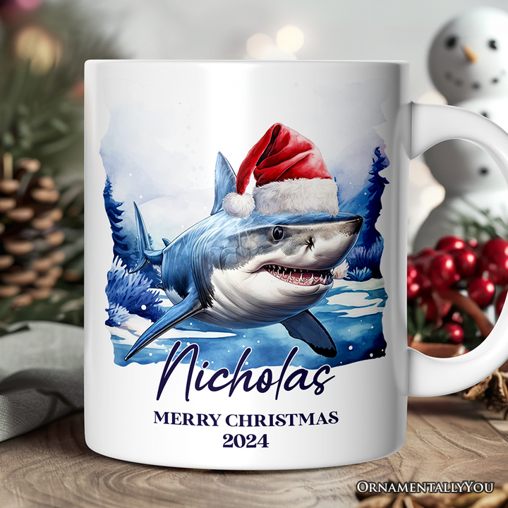 Shark with Santa Hat Personalized Mug, Festive Christmas Gift With Custom Name and Date