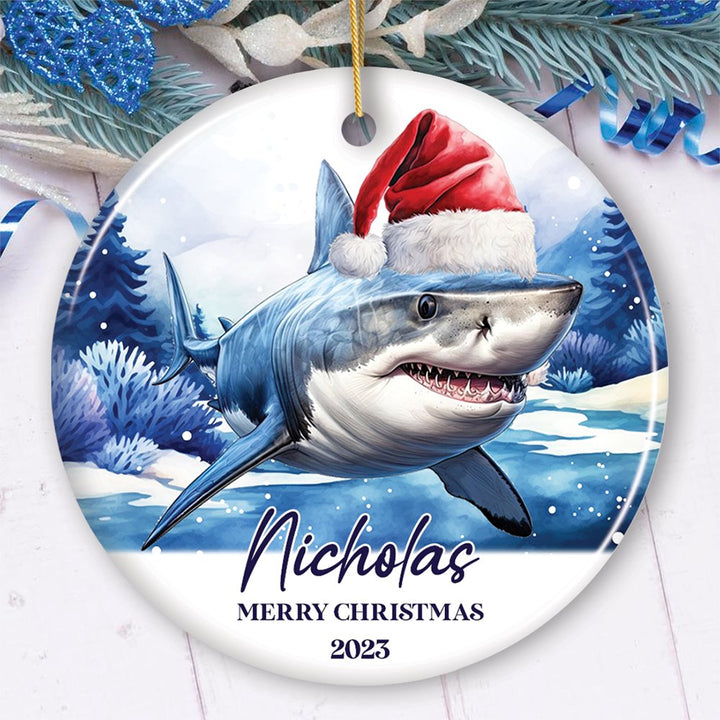 Shark with Santa Hat Personalized Ornament, Festive Christmas Gift With Custom Name and Date Ceramic Ornament OrnamentallyYou Circle 