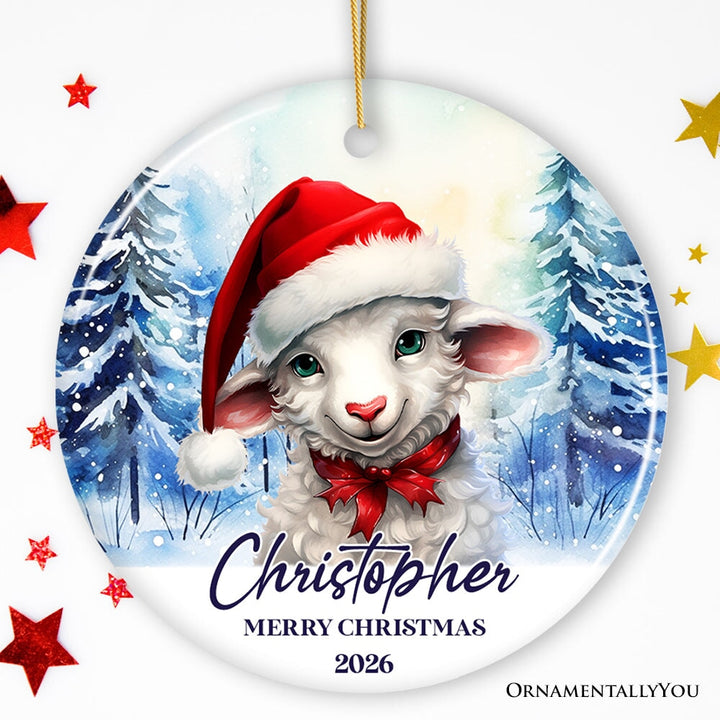 Sheep with Santa Hat Personalized Ornament, Winter Forest Christmas Gift With Custom Name and Date Ceramic Ornament OrnamentallyYou Circle 