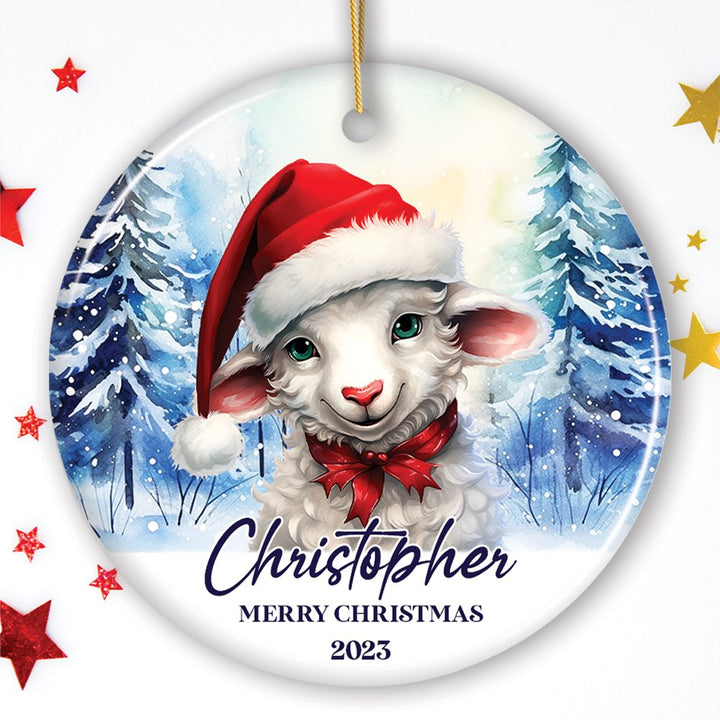 Sheep with Santa Hat Personalized Ornament, Winter Forest Christmas Gift With Custom Name and Date Ceramic Ornament OrnamentallyYou Circle 