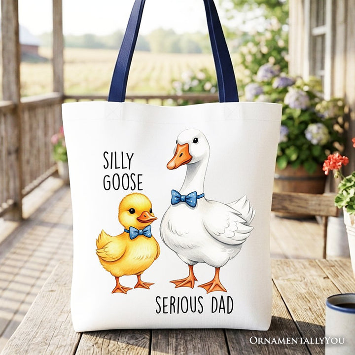Silly Goose Serious Dad Tie Tote Bag, Cute Duo Fathers Gift Shopper Tote Bag OrnamentallyYou Navy Handle 