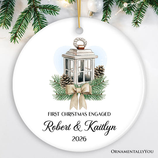 Simply Elegant Engaged or Married First Christmas Personalized Ornament, Newlyweds or Marriage Proposal Gift Ceramic Ornament OrnamentallyYou Circle 