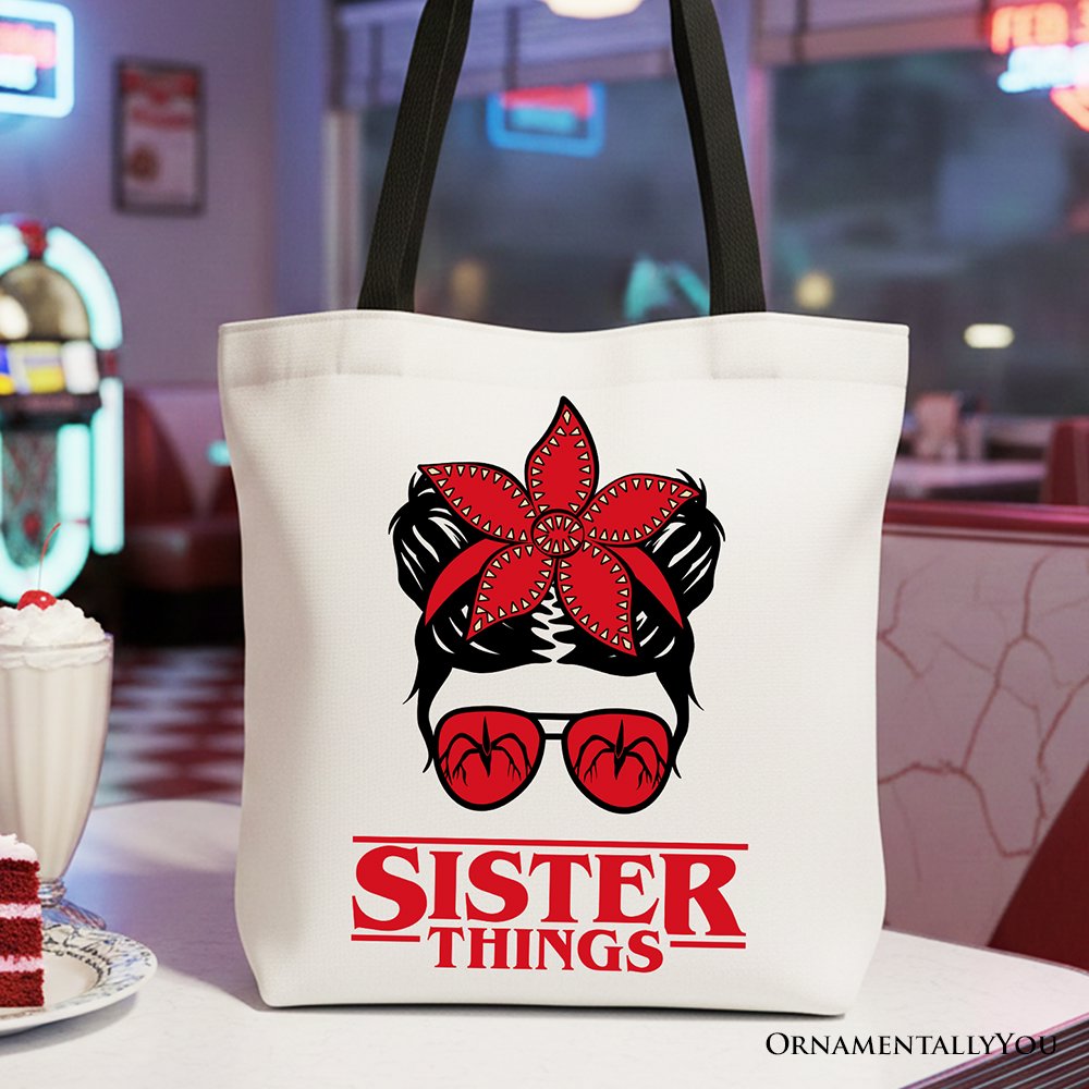 Sister Things Messy Bun Retro Canvas Tote Bag, Red Bandana Glasses Family Matching Gift Shopper Tote Bag OrnamentallyYou Black Handle 