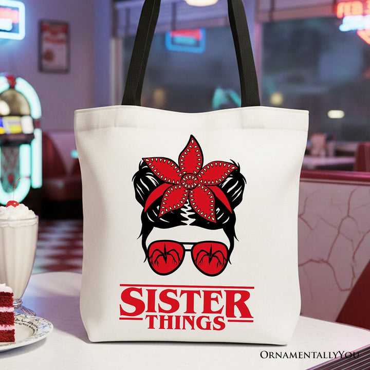 Sister Things Messy Bun Retro Canvas Tote Bag, Red Bandana Glasses Family Matching Gift Shopper Tote Bag OrnamentallyYou Black Handle 