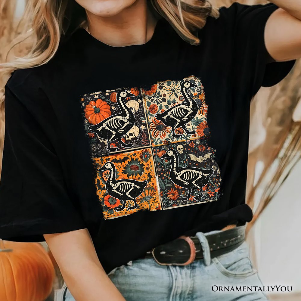 Skeleton Goose Patchwork T-Shirt, Floral Halloween Tee for The Spooky Season T-Shirts OrnamentallyYou 