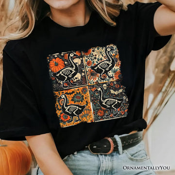 Skeleton Goose Patchwork T-Shirt, Floral Halloween Tee for The Spooky Season T-Shirts OrnamentallyYou 