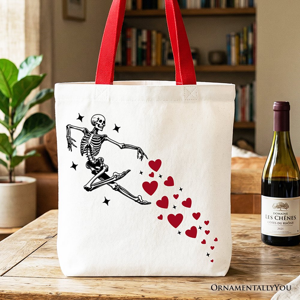 Skeleton Hearts Valentine Tote Bag, Playful Funny Gift Shopper Tote Bag OrnamentallyYou Red Handle 
