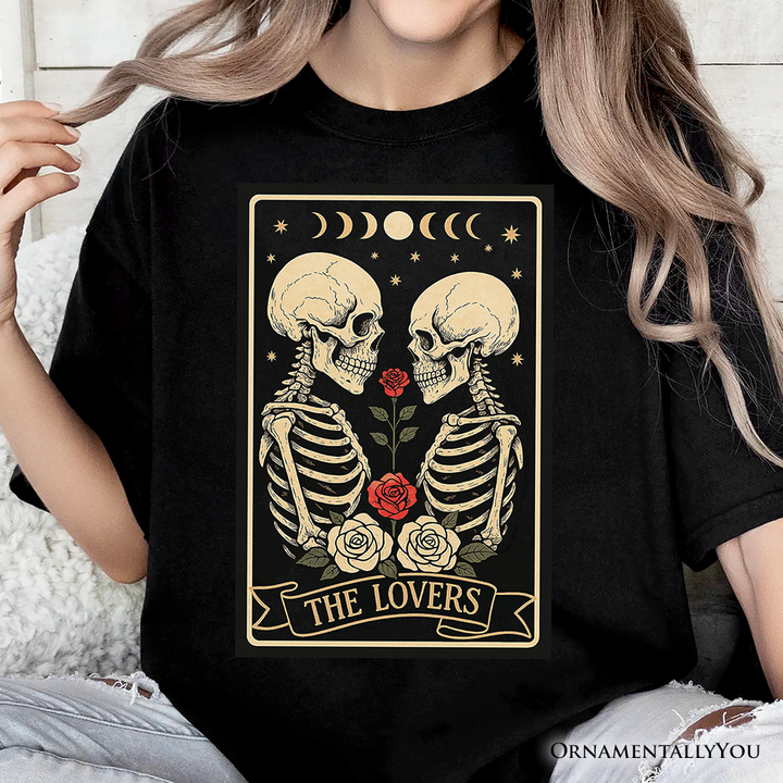 Skeleton The Lovers T-Shirt, Tarot Card Gothic Moon Phases Rose Tee
