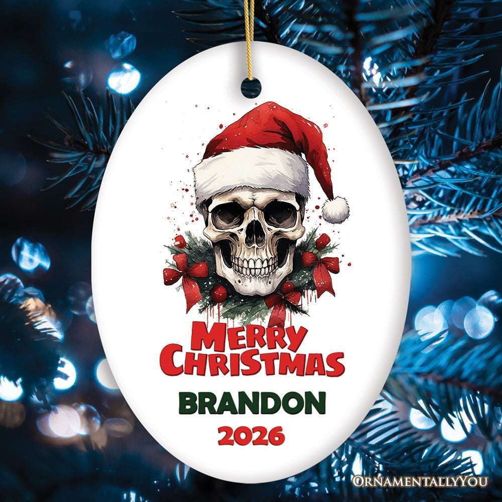 Skull Christmas Personalize Ornament, Skeleton Xmas Gift Ceramic Ornament OrnamentallyYou Oval 