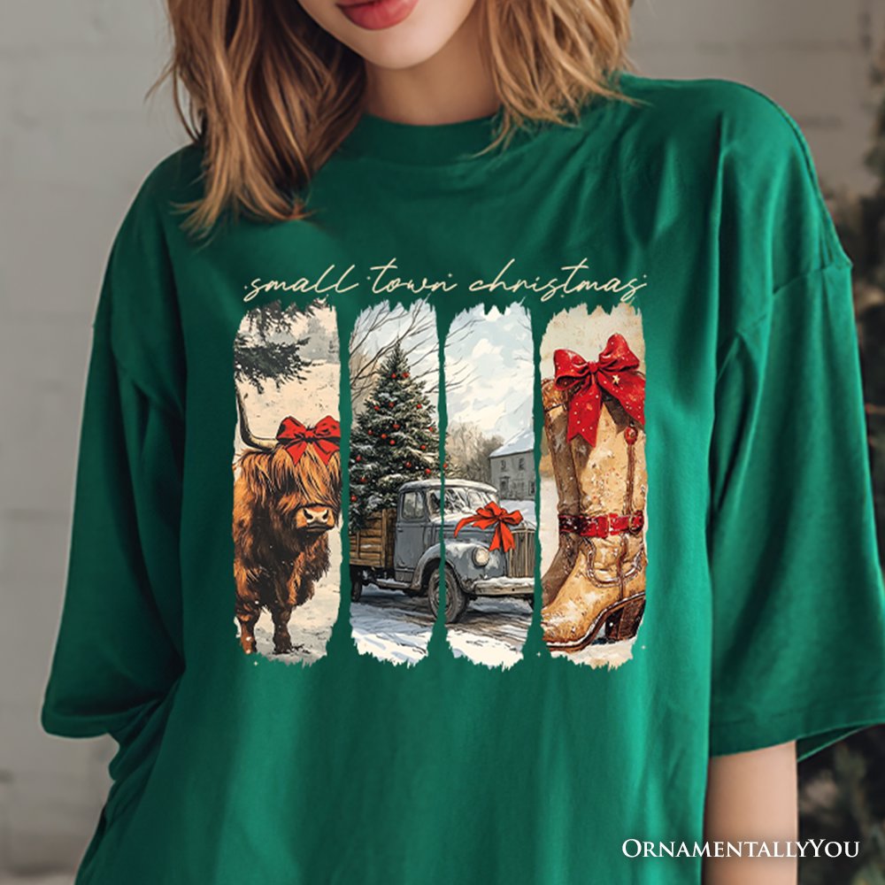 Small Town Christmas T‑Shirt, Highland Cow Rustic Western Cowgirl Holiday Tee T-Shirts OrnamentallyYou 