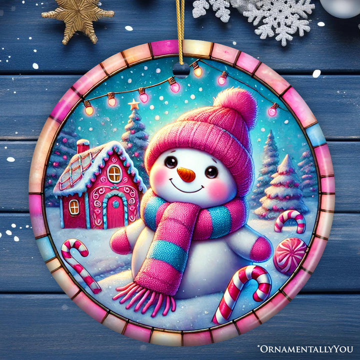 Snowman Candyland Pink Themed Ornament, Gift for Cozy Christmas Winter Wonderland