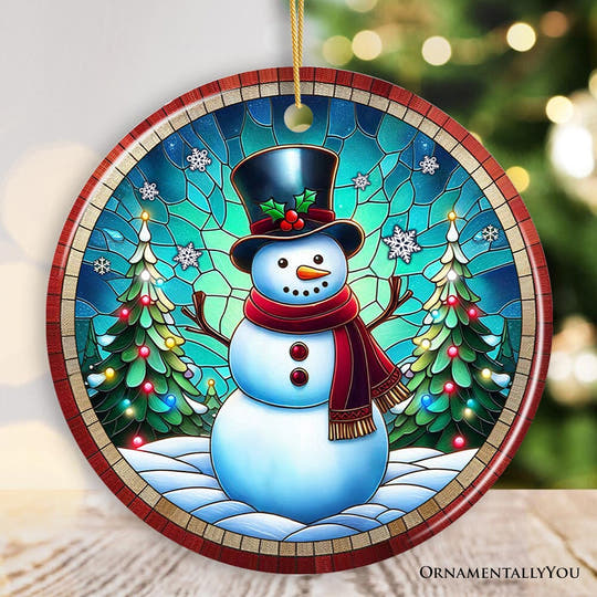Snowman Window Art Stained Glass Style Ceramic Ornament, Christmas Gift and Decor Ceramic Ornament OrnamentallyYou Circle 