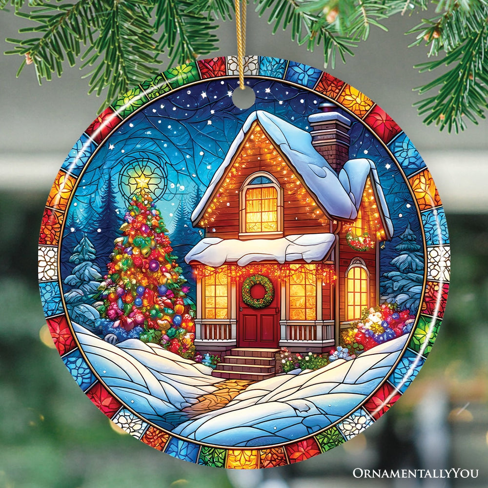 Snowy House Winter Scene Stained Glass Style Ceramic Ornament, Christmas Gift and Decor Ceramic Ornament OrnamentallyYou Circle 