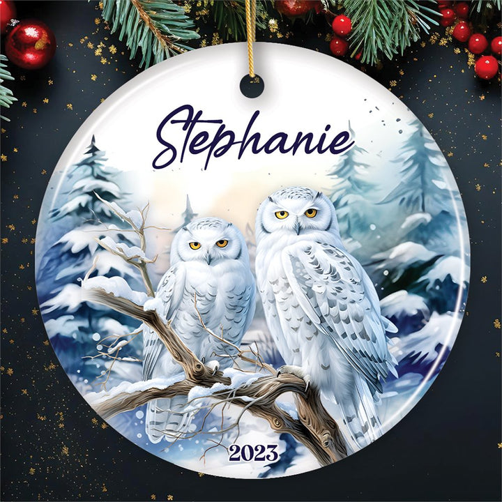 Snowy Owl Personalized Ornament, Grand Arctic Majesty Christmas Gift With Custom Name and Date Ceramic Ornament OrnamentallyYou Circle 