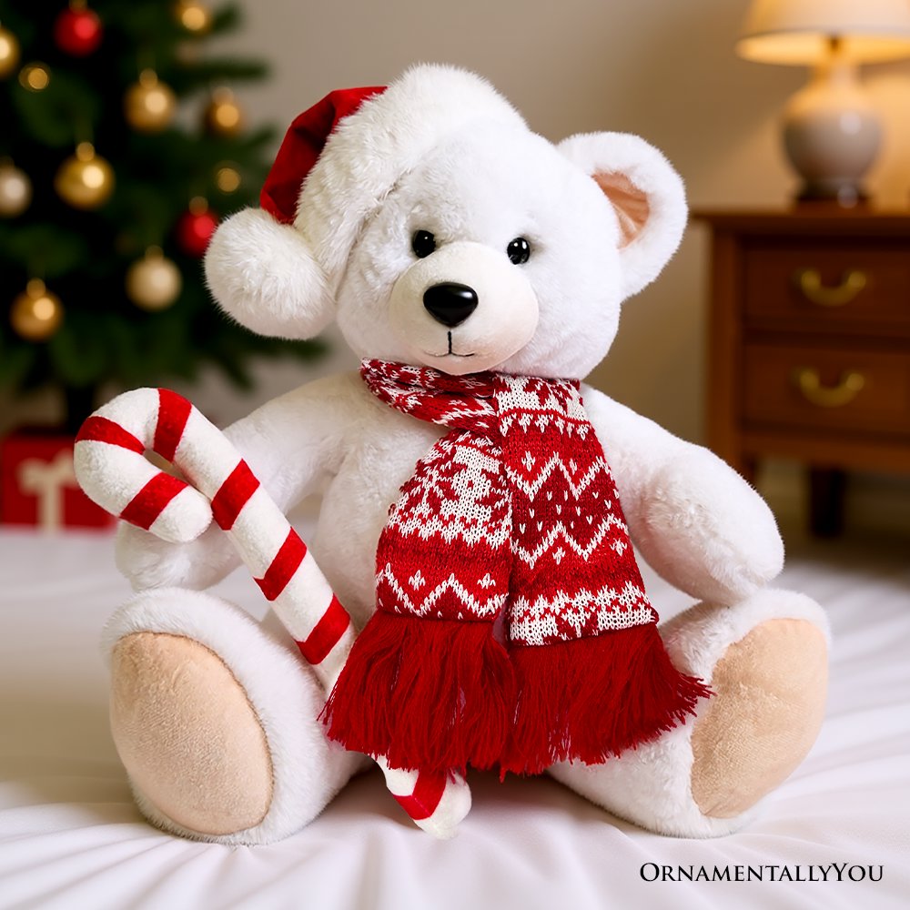 Snowy the Polar Bear Plushie, Cute Kids’ 12" Christmas Stuffed Toy, Santa Hat and Candy Cane Plush Toys OrnamentallyYou 
