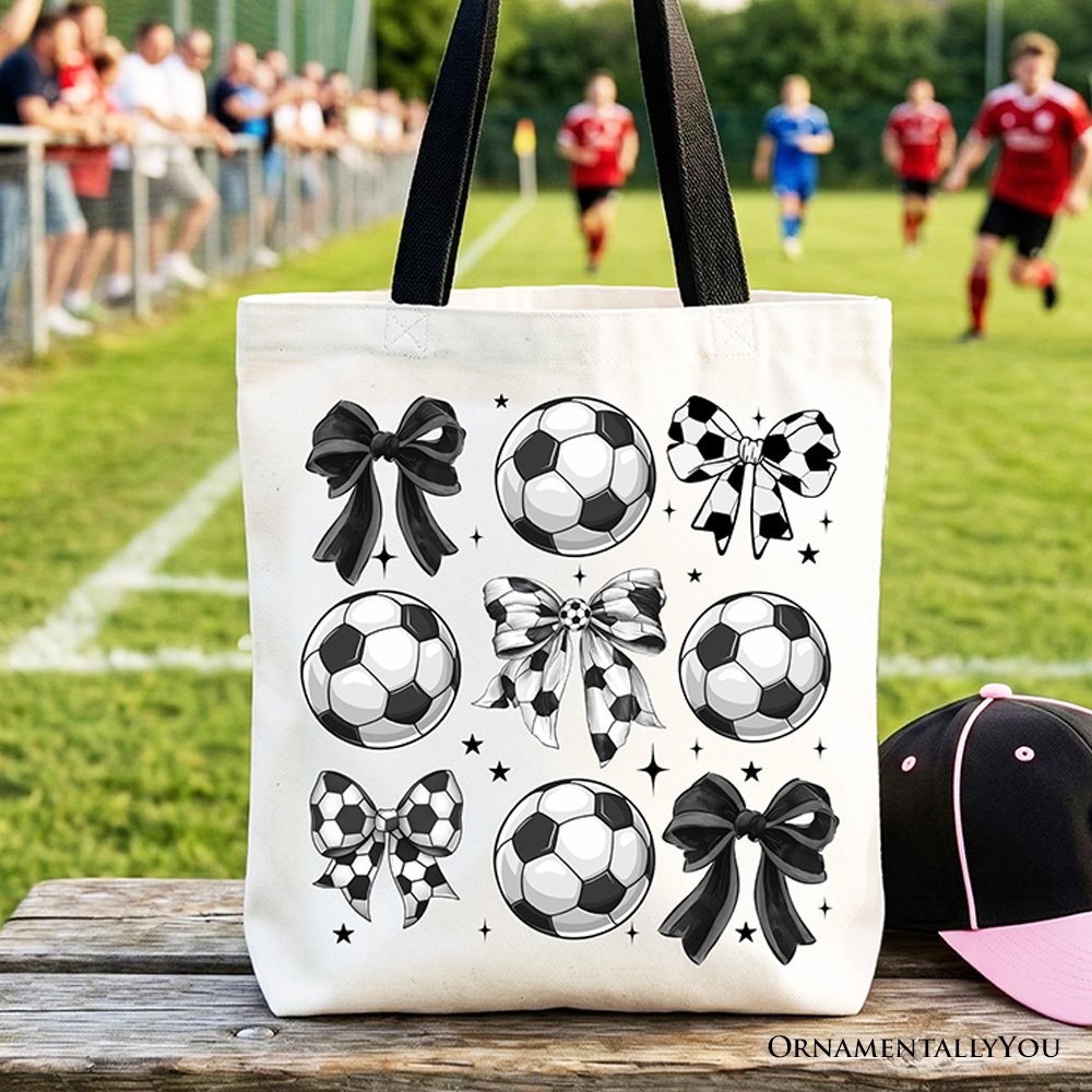 Soccer Balls Coquette Bows Tote Bag, Sports Mom Gift Shopper Tote Bag OrnamentallyYou Black Handle 