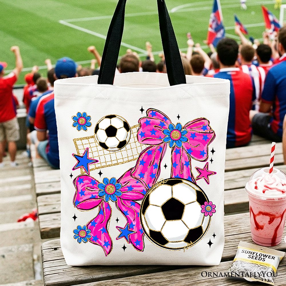 Soccer Coquette Pink Bow Tote Bag, Preppy Game Day Gift Shopper Tote Bag OrnamentallyYou Black Handle 